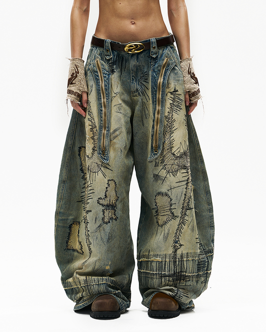 Patched Embroidery Jeans – Distressed Wide-Leg