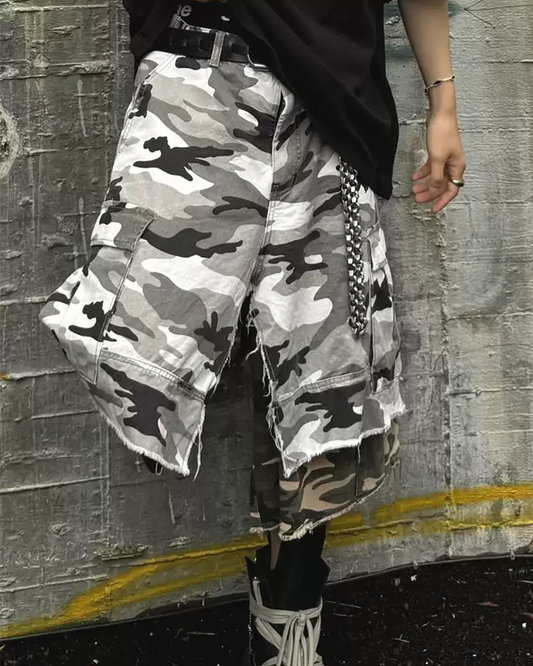 Layered Camo Fringe Shorts – Unisex 3/4 Street Fit