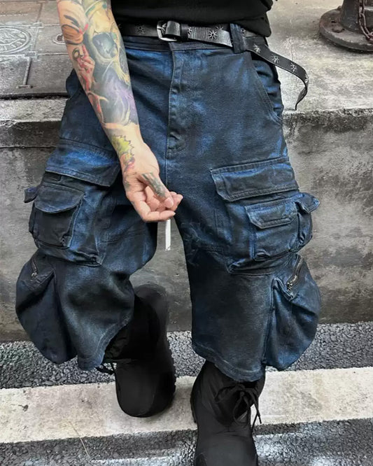 Washed Cargo Shorts – Distressed Coated 3/4 Denim