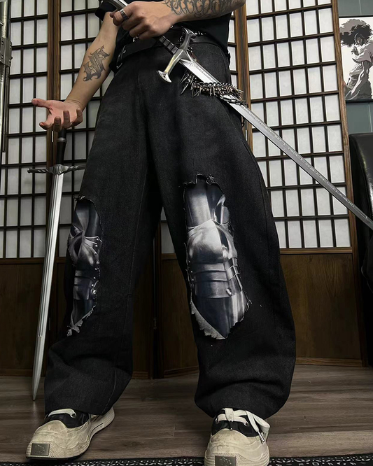Knight Armor 3D Print Jeans – Distressed Baggy Wide-Leg