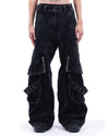Wave-Cut Utility Jeans – Washed Black Multi-Pocket