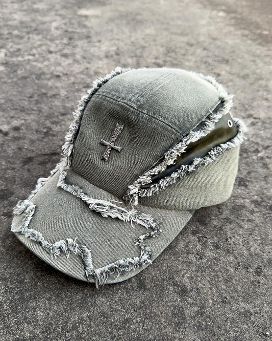 Washed Cross Cap – Distressed Denim & Leather Patch