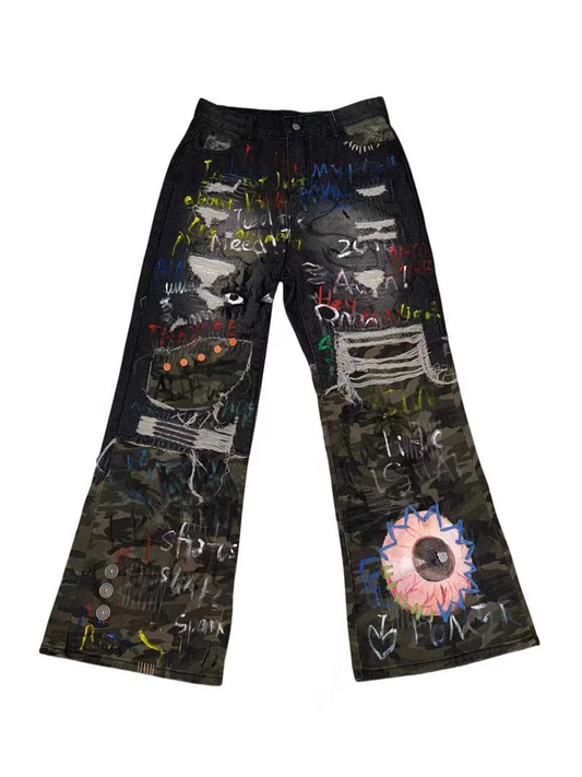 Hand-Painted Remake Heavy-Distressed Denim Jeans