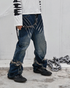 Distressed Claw Patch Jeans – Washed Blue-Black Blade Cut