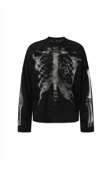 Skeleton Print Long Sleeve Graphic Tee – Gothic Black Streetwear Top