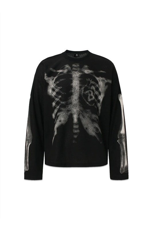 Skeleton Print Long Sleeve Graphic Tee – Gothic Black Streetwear Top