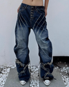 Distressed Claw Patch Jeans – Washed Blue-Black Blade Cut