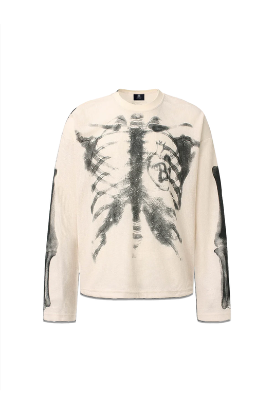 Skeleton Print Long Sleeve Graphic Tee – Gothic Black Streetwear Top