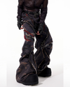Distressed Curved-Cut Jeans – Mesh & Frayed Details