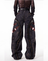 Distressed Curved-Cut Jeans – Mesh & Frayed Details