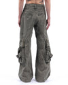 Wave-Cut Utility Jeans – Washed Black Multi-Pocket