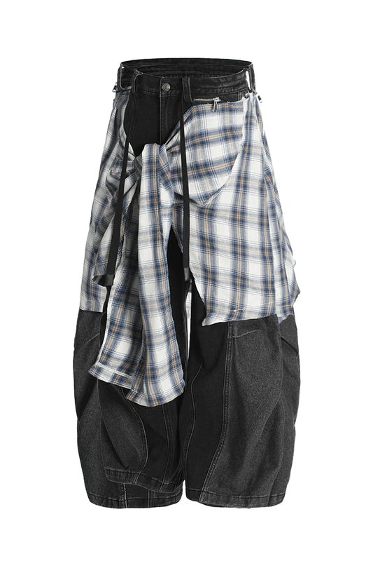 Faux Two-Piece Plaid Layered Jeans
