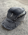 Washed Cross Cap – Distressed Denim & Leather Patch