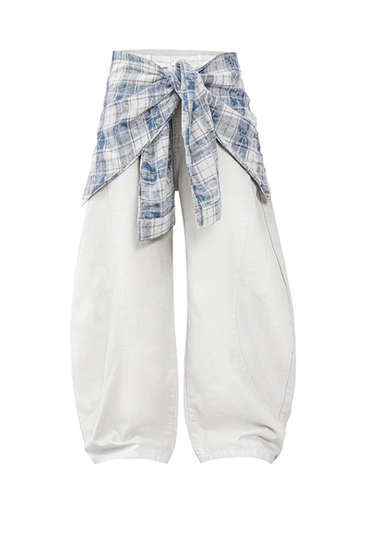 Extended Waist Faux Two-piece Plaid Skirt Overlay Jeans