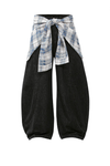 Extended Waist Faux Two-piece Plaid Skirt Overlay Jeans