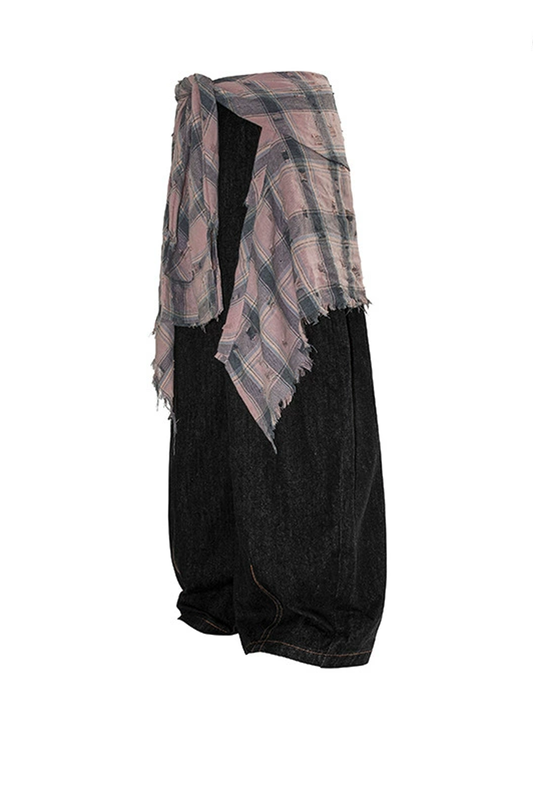 Pink Detachable Plaid Flannel-Tied Wide-Leg Jeans