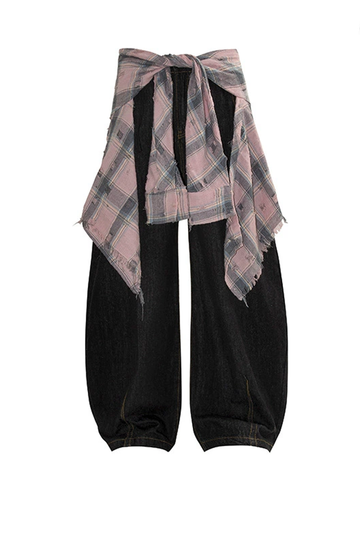 Pink Detachable Plaid Flannel-Tied Wide-Leg Jeans