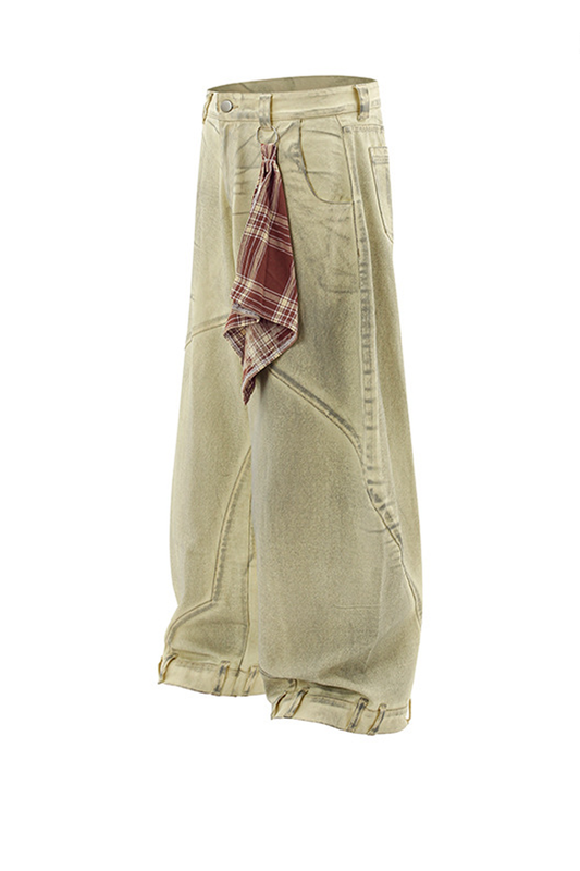 Vintage Scimitar Stitch Wide-Leg Jeans with Plaid Accent