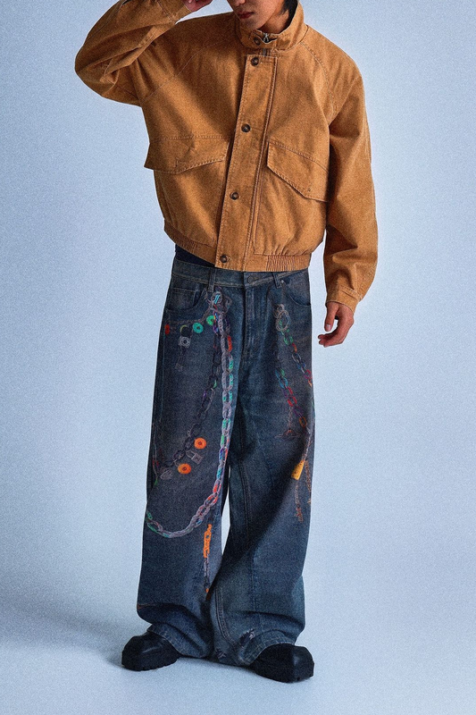 Grunge Wash 3D Chain Print Wide-Leg Jeans