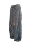 Grunge Wash 3D Chain Print Wide-Leg Jeans