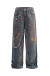 Grunge Wash 3D Chain Print Wide-Leg Jeans