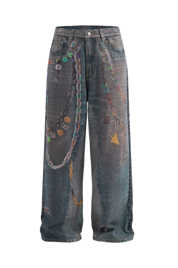 Grunge Wash 3D Chain Print Wide-Leg Jeans