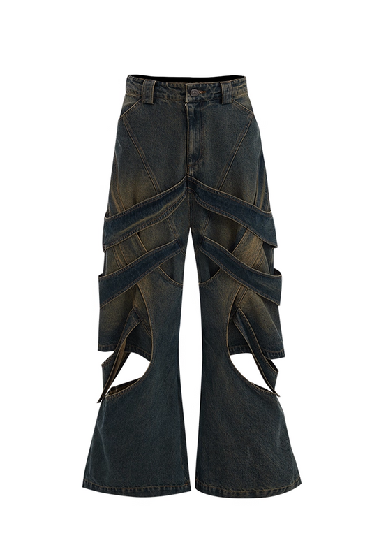 Deconstructed Wrap-Drape Cyberpunk Wide Jeans