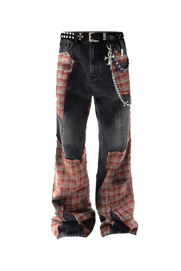 Distressed Patchwork Plaid Denim