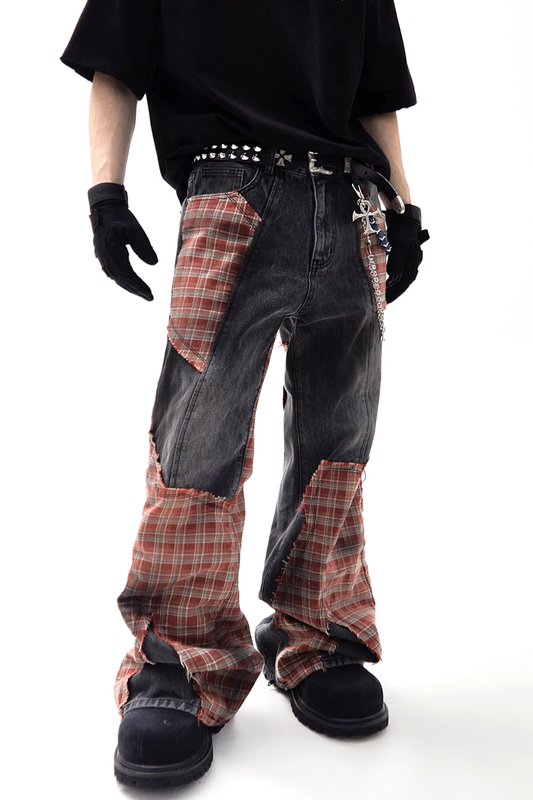 Distressed Patchwork Plaid Denim