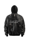 Detachable Hood Washed Bomber Leather Puffer Jacket