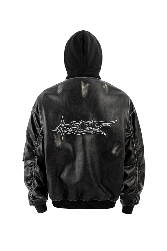 Detachable Hood Washed Bomber Leather Puffer Jacket