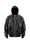 Detachable Hood Washed Bomber Leather Puffer Jacket