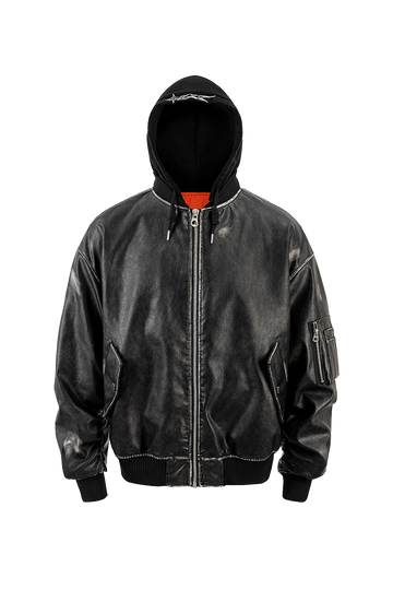 Detachable Hood Washed Bomber Leather Puffer Jacket