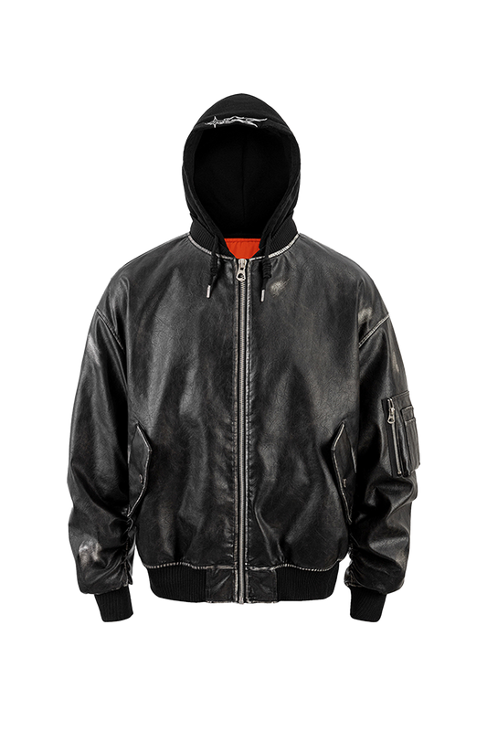 Detachable Hood Washed Bomber Leather Puffer Jacket