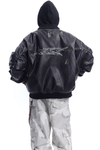 Detachable Hood Washed Bomber Leather Puffer Jacket