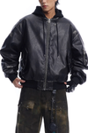 Detachable Hood Washed Bomber Leather Puffer Jacket