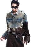 Vintage Patchwork Leather-Denim Distressed Jacket