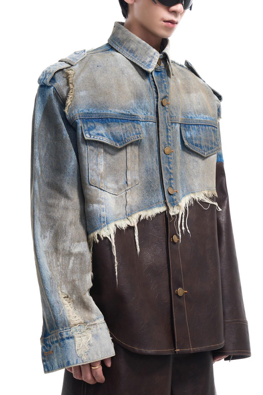Vintage Patchwork Leather-Denim Distressed Jacket