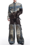 Vintage Patchwork Leather-Denim Distressed Jacket