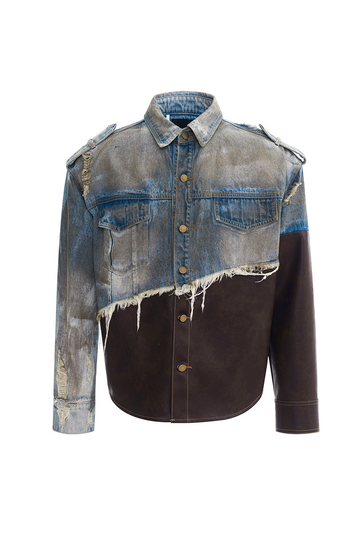 Vintage Patchwork Leather-Denim Distressed Jacket
