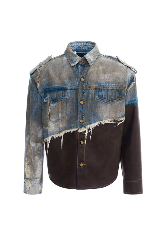 Vintage Patchwork Leather-Denim Distressed Jacket