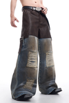 Vintage Patch Leather × Distressed Denim Wide-Leg Pants