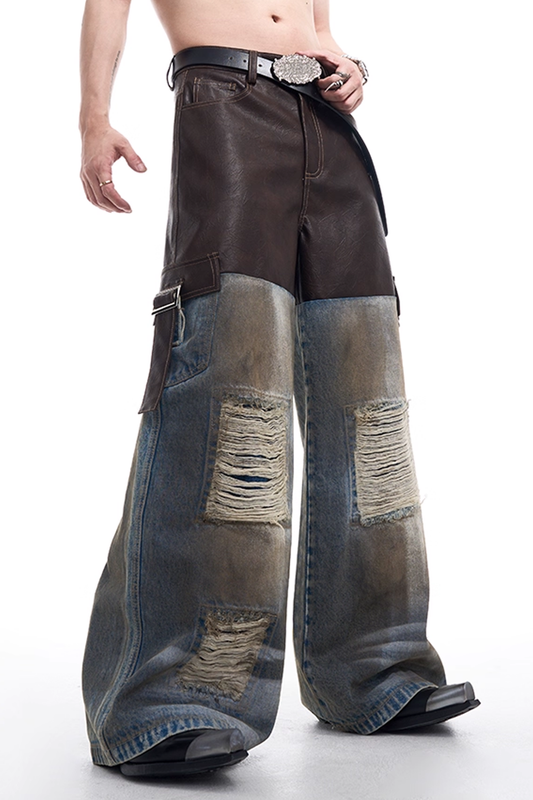 Vintage Patch Leather × Distressed Denim Wide-Leg Pants