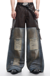 Vintage Patch Leather × Distressed Denim Wide-Leg Pants