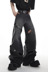 Deconstructed Metal Button Wide-Leg Cutout Jeans