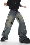 Deconstructed Metal Button Wide-Leg Cutout Jeans