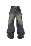 Deconstructed Metal Button Wide-Leg Cutout Jeans