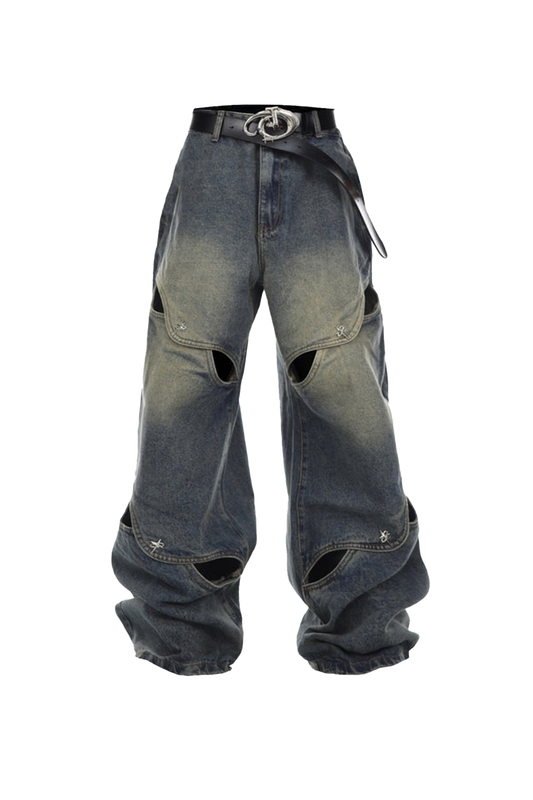 Deconstructed Metal Button Wide-Leg Cutout Jeans