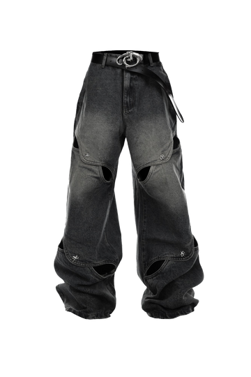 Deconstructed Metal Button Wide-Leg Cutout Jeans