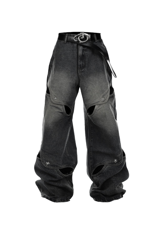 Deconstructed Metal Button Wide-Leg Cutout Jeans